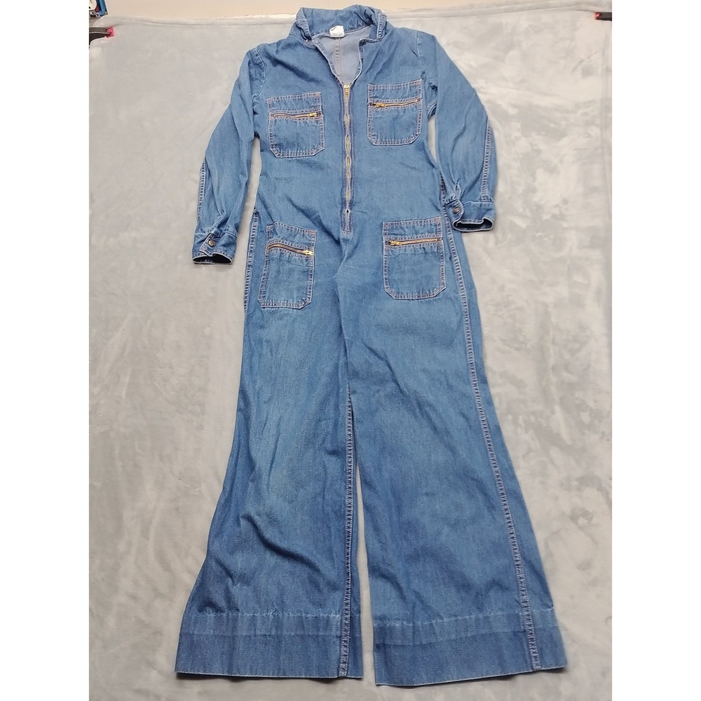 VTG Moodys Goose Jumpsuit Womens Blue Denim Wide Leg Flare Zip Up  Utility